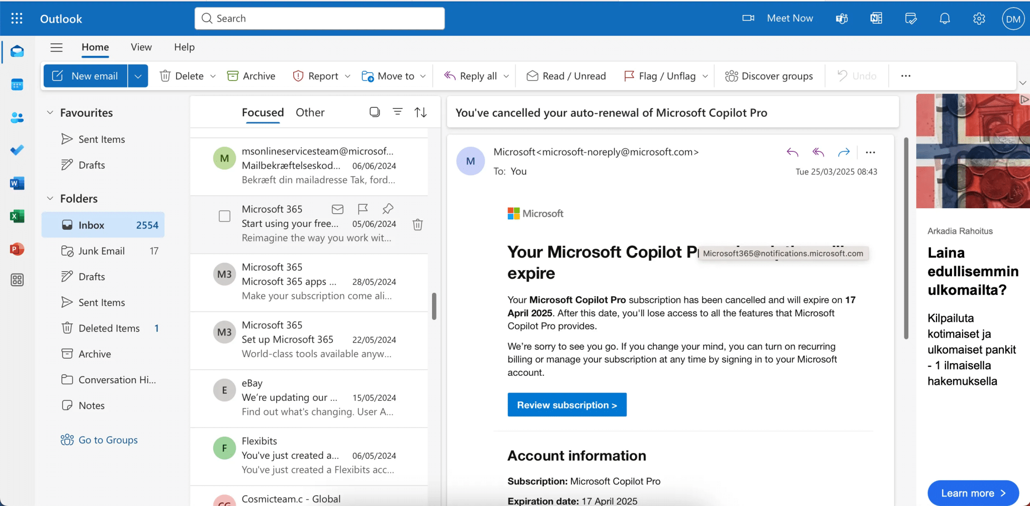 The inbox in Outlook