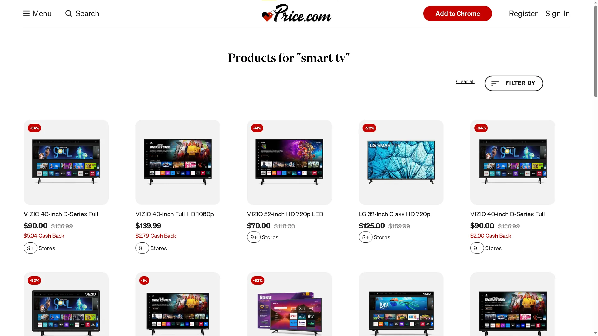 Searching for smart TVs on the Price site