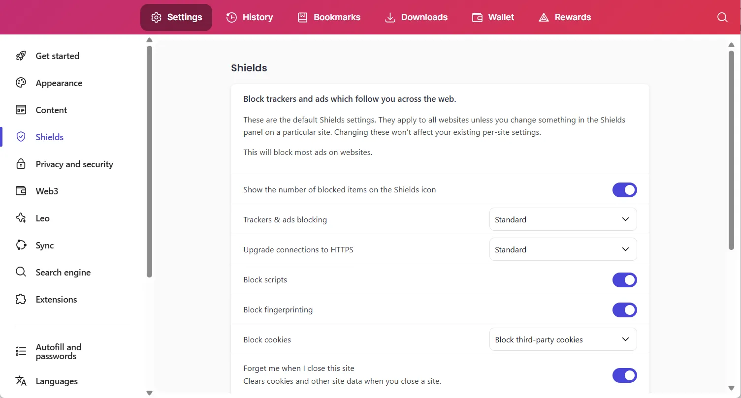 Shields section of the Brave Settings menu