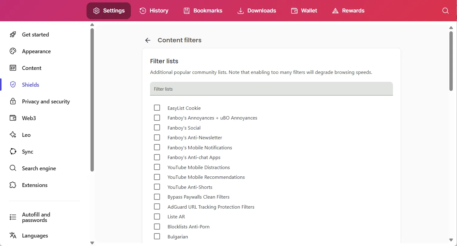 Showing the Content filter list in Brave Settings