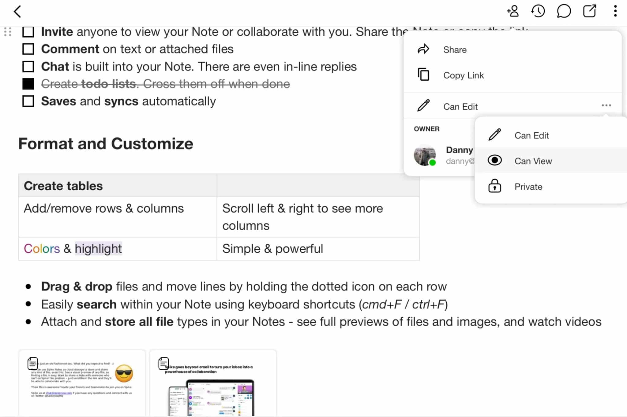 إعدادات التعاون في مستندات Spike