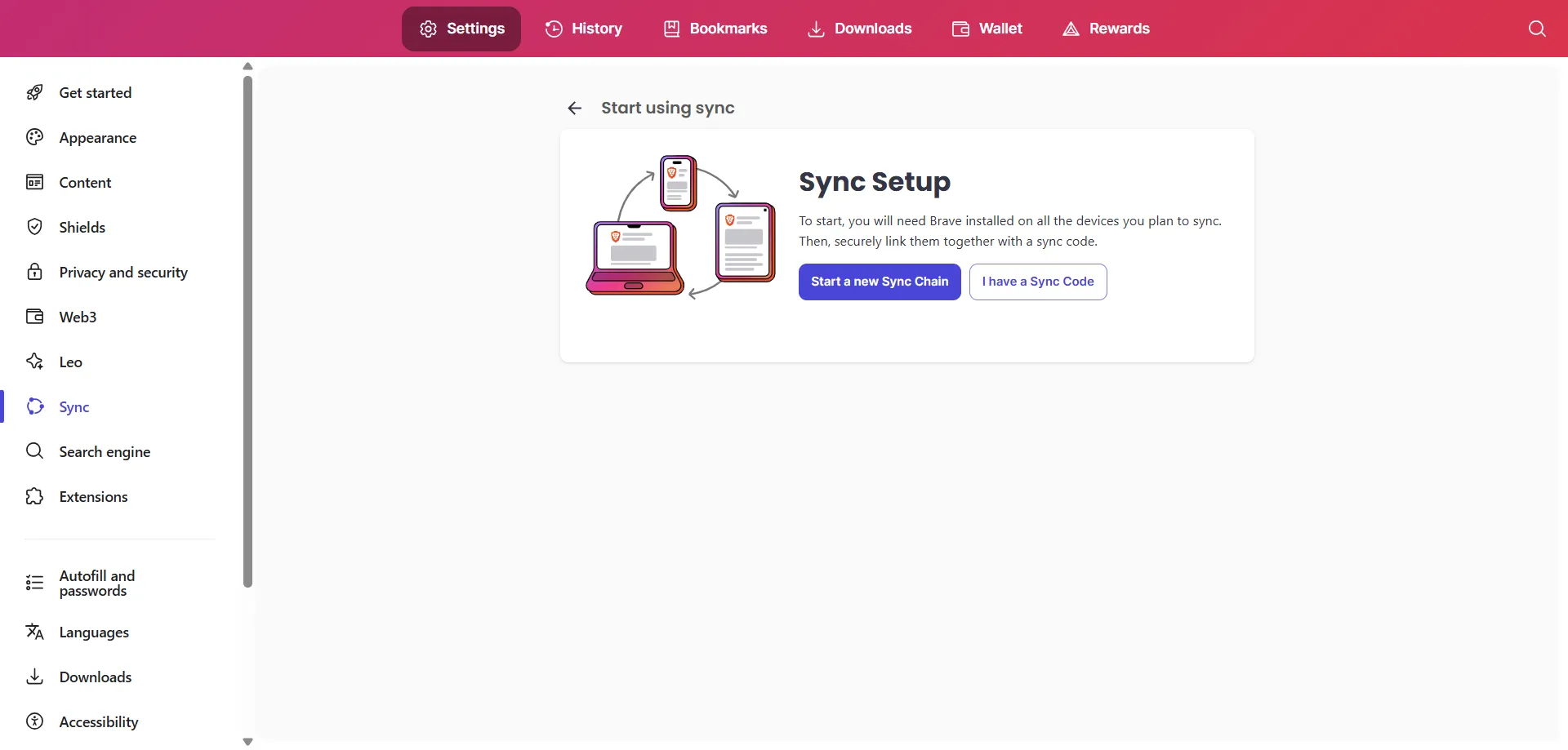 بدء سلسلة مزامنة جديدة في Brave