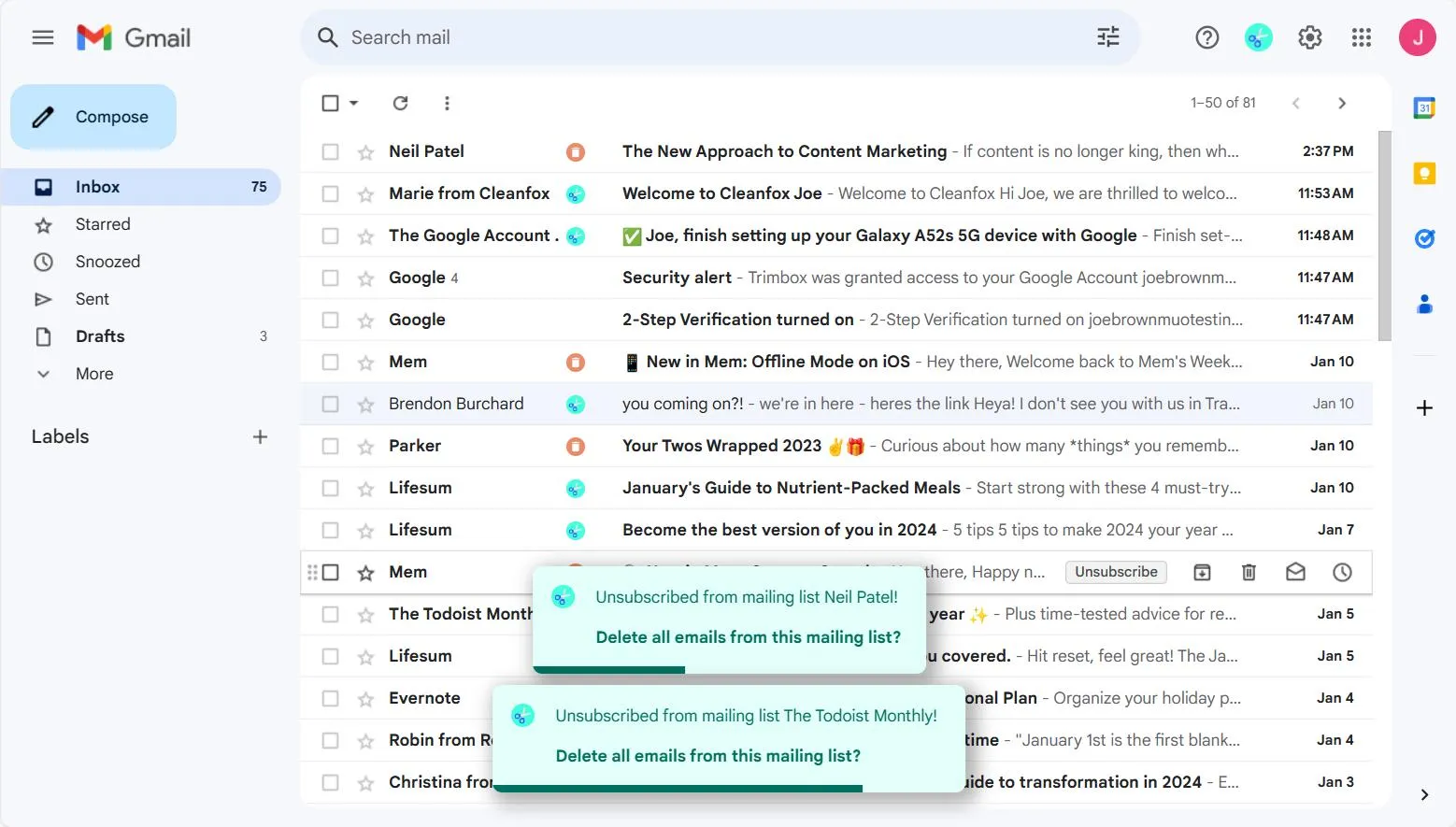 Trimbox Unsubscribe and Delete Options in Gmail Inbox