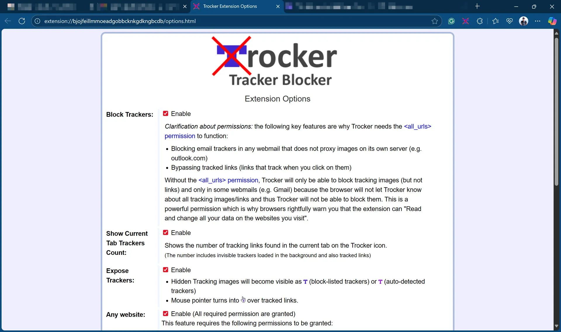 Trocker tracking settings menu