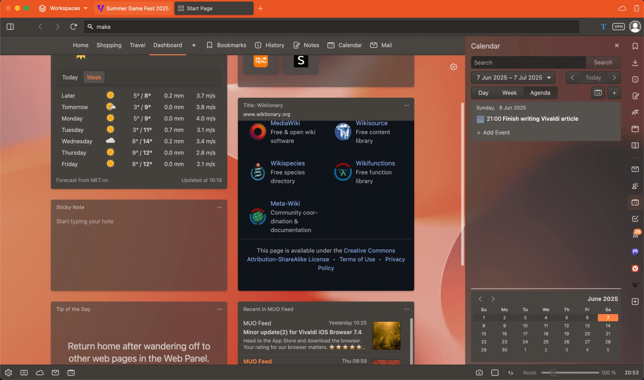 Using the calendar and tasks feature in Vivaldi