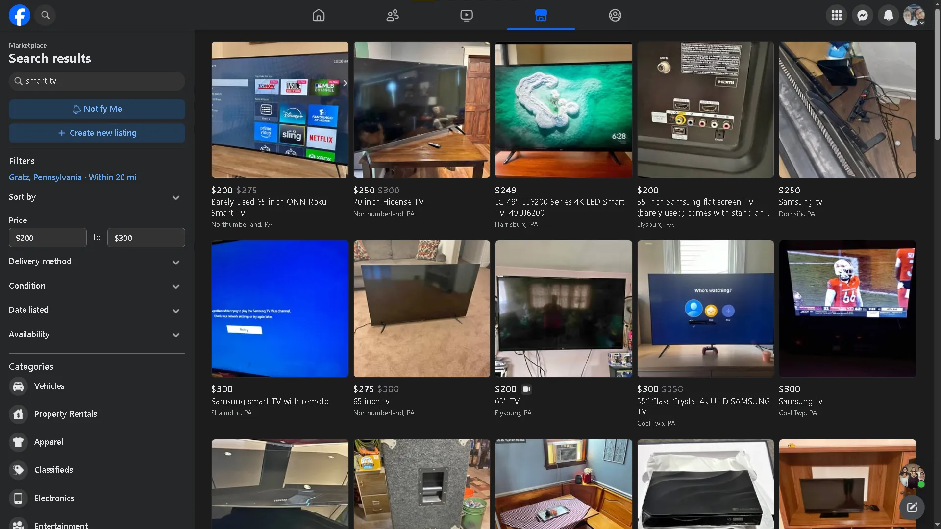 استخدام Facebook Marketplace للبحث عن أجهزة تلفزيون ذكية للبيع