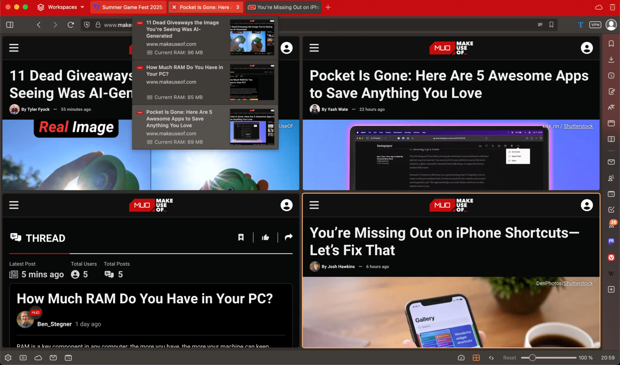 Viewing a preview of stack of tabs in Vivaldi with multiple articles opened side by side in a grid