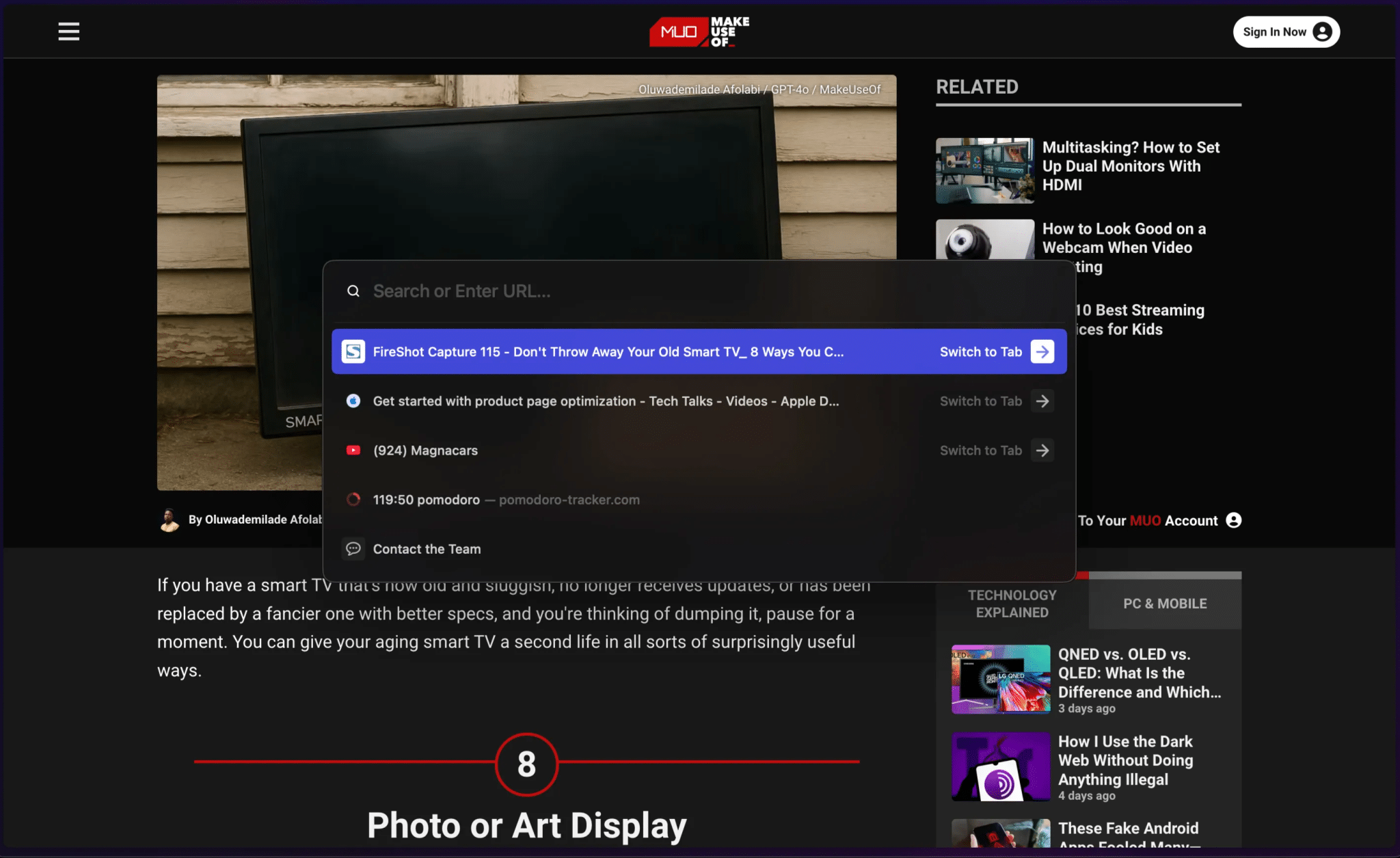 عرض مقال في متصفح Arc مع فتح شريط الأوامر
