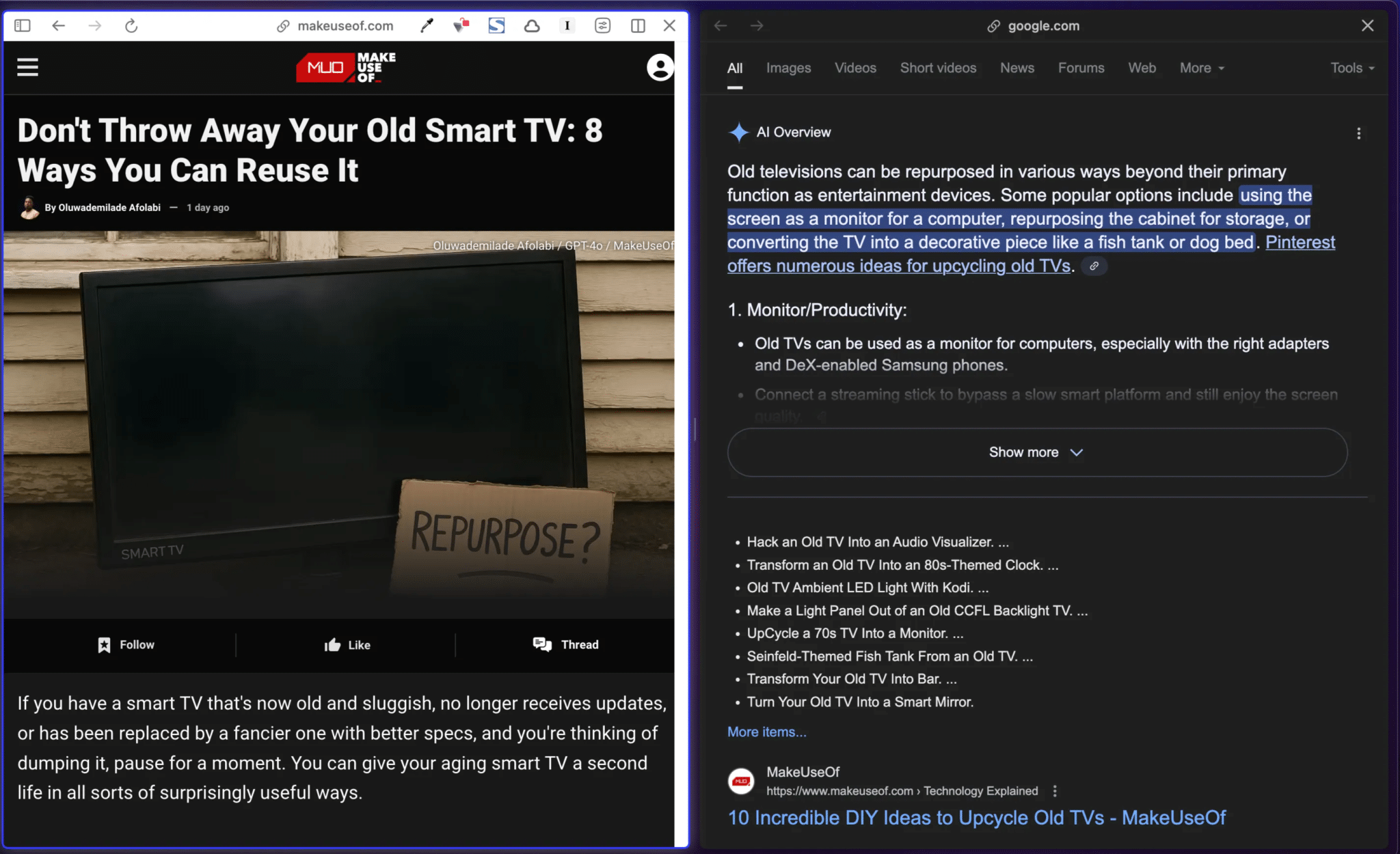 عرض علامتي تبويب جنبًا إلى جنب في متصفح Arc