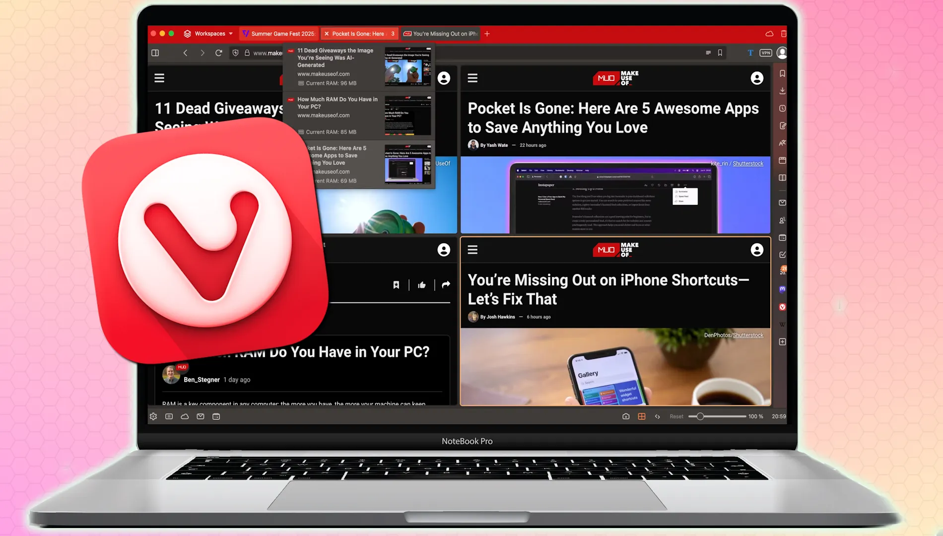 متصفح Vivaldi على جهاز كمبيوتر محمول.