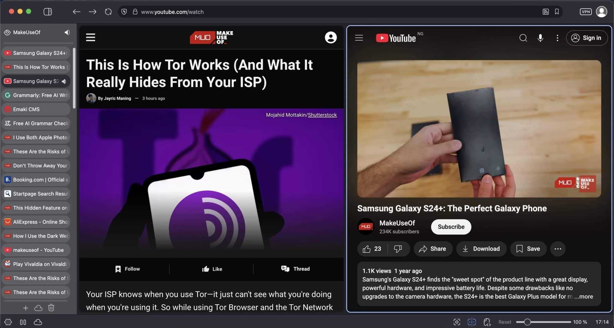 لقطة شاشة لمتصفح vivaldi تظهر تقسيم المتصفح