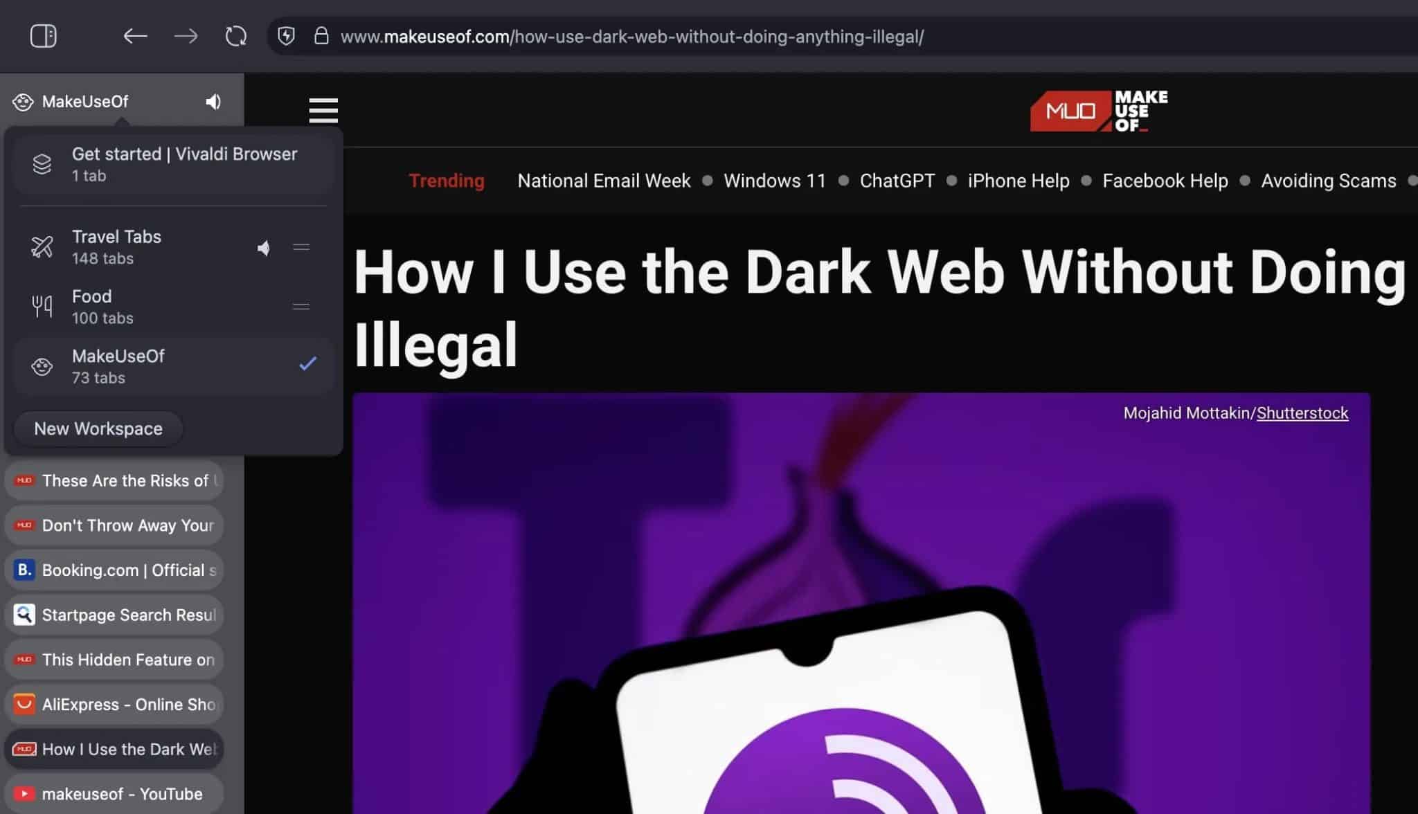 متصفح Vivaldi يعرض مساحات العمل وعلامات التبويب