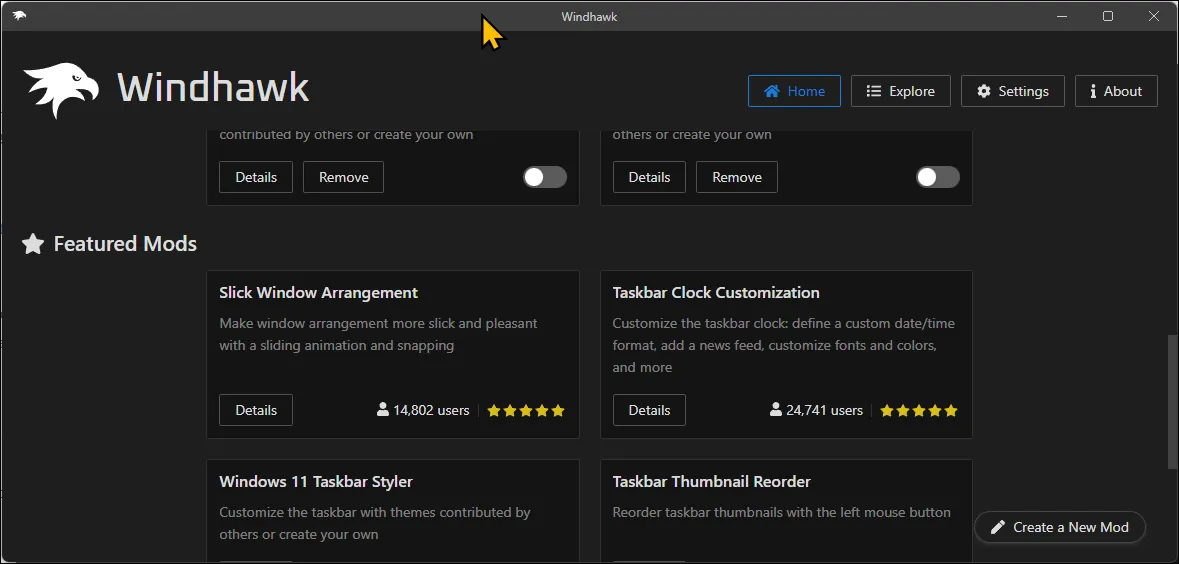 واجهة Windhawk الرئيسية تعمل على نظام Windows 11