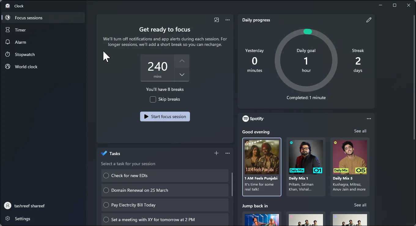 Windows 11 focus session home screen