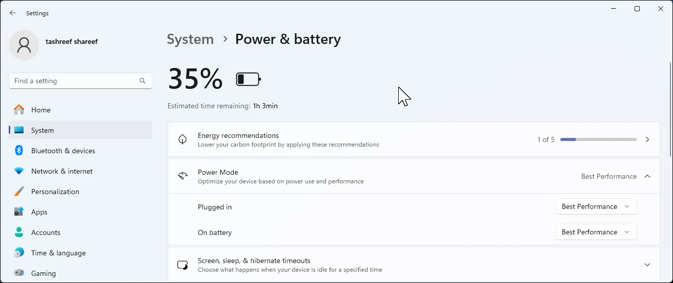 Windows 11 power and battery