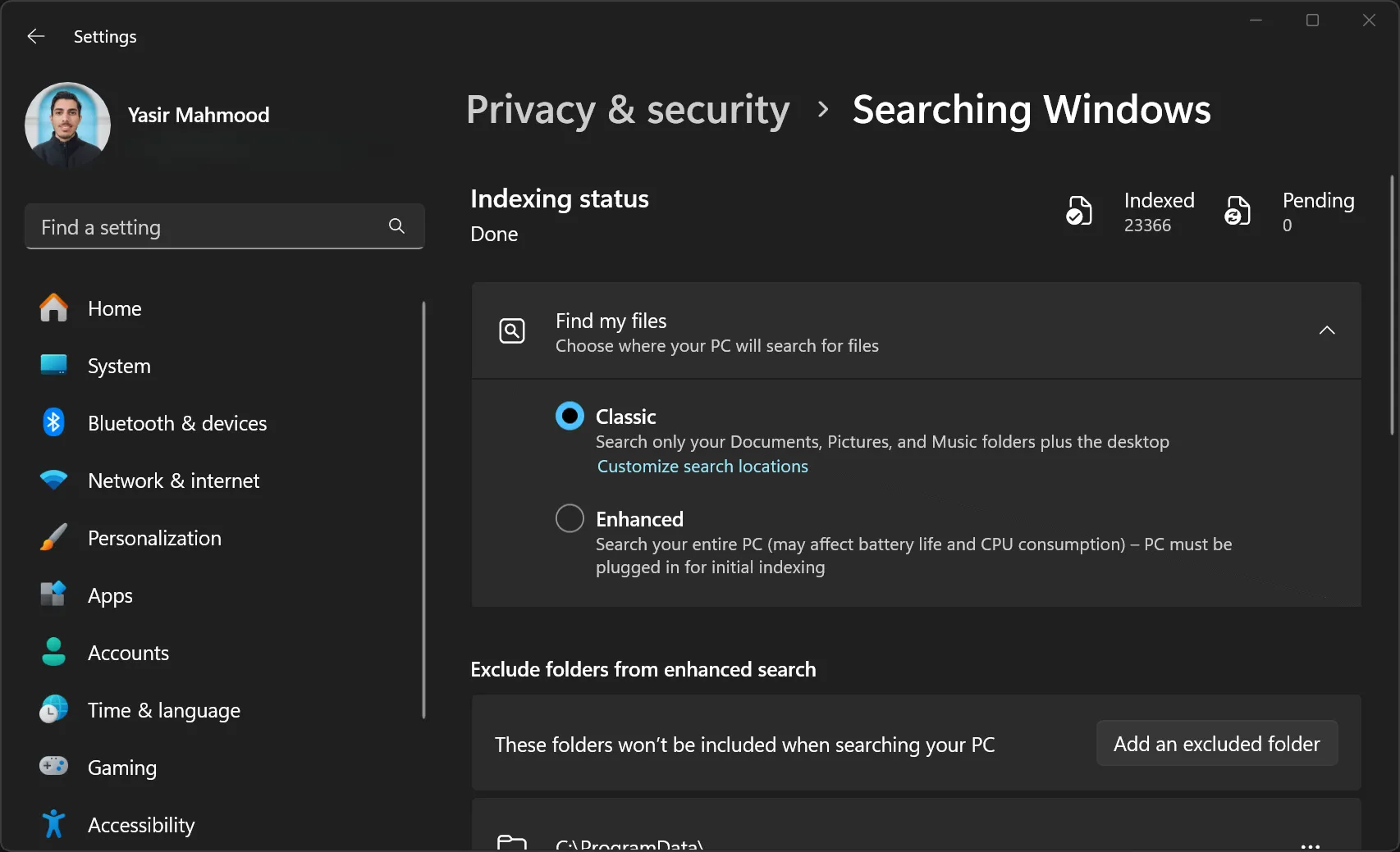 Windows search indexing options in Windows settings.