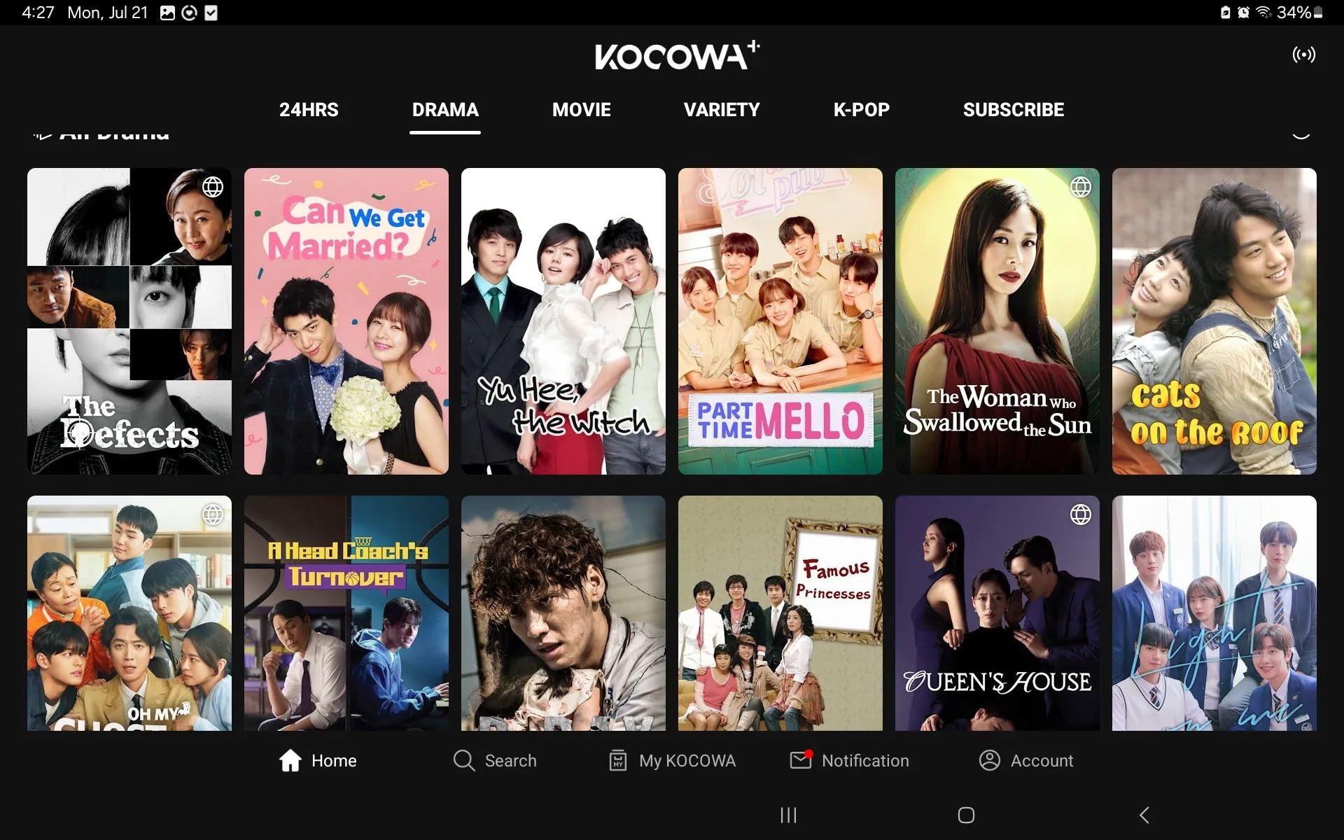 A list of Korean drama on the Kocowa Plus app