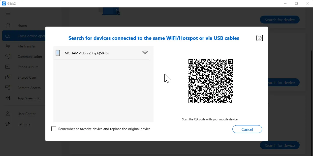 A Samsung Galaxy Device Detected on the GlideX app on Windows 11