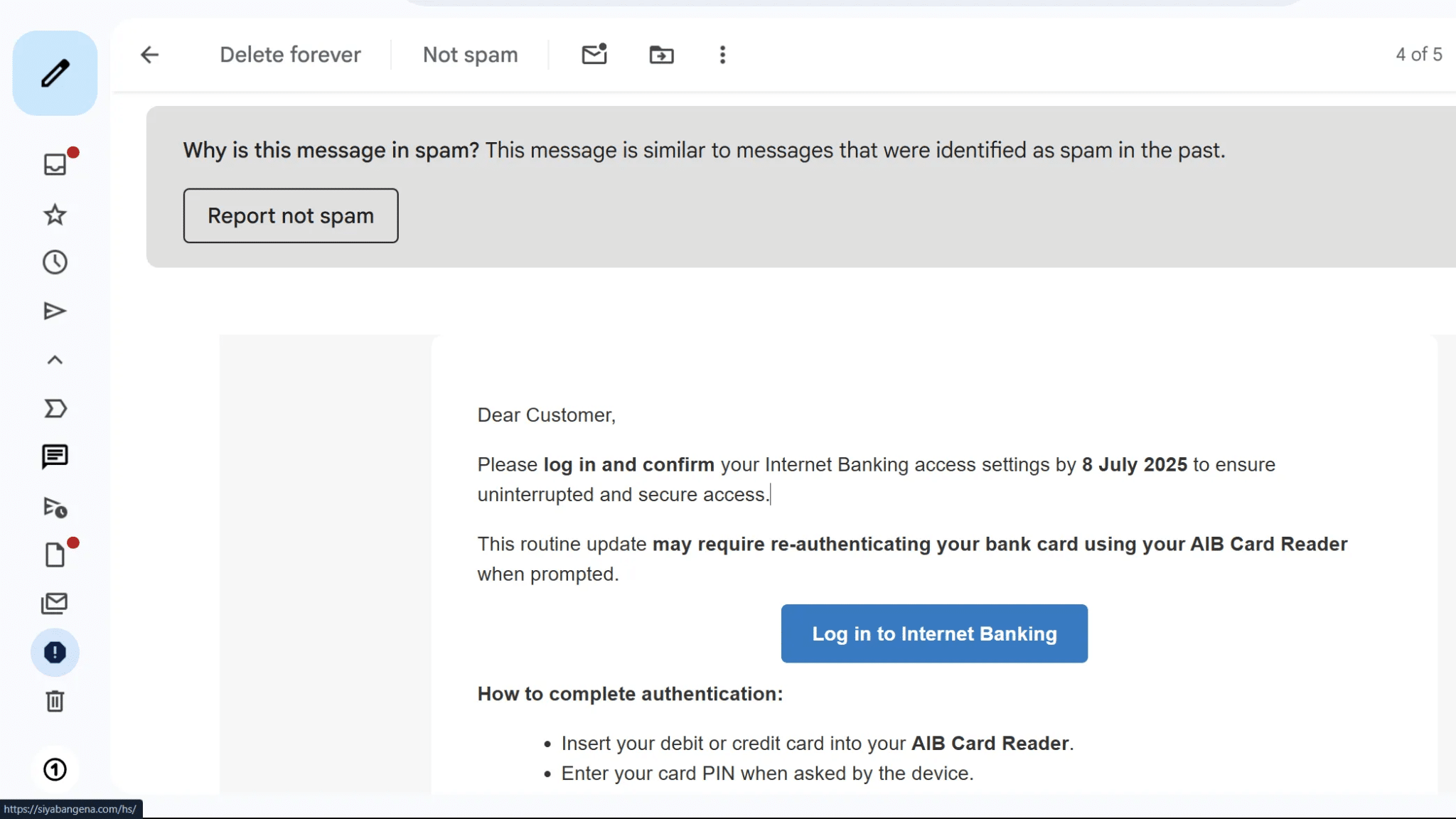 A spam email with potential phishing link.