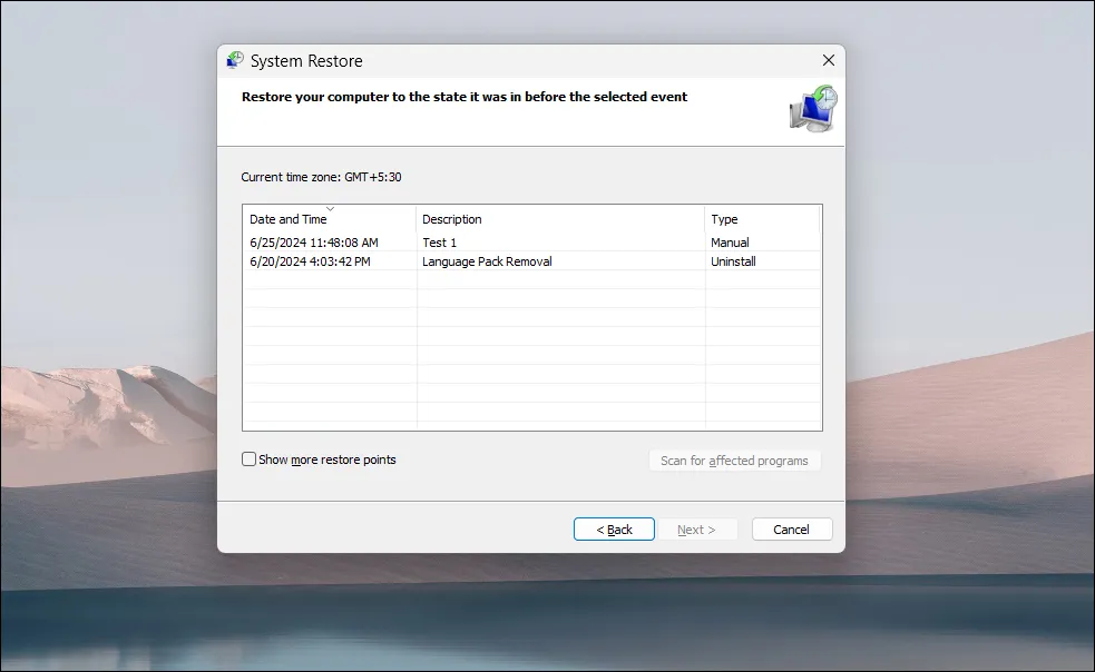 A System Restore Dialog showing all the available restore points in Windows 11