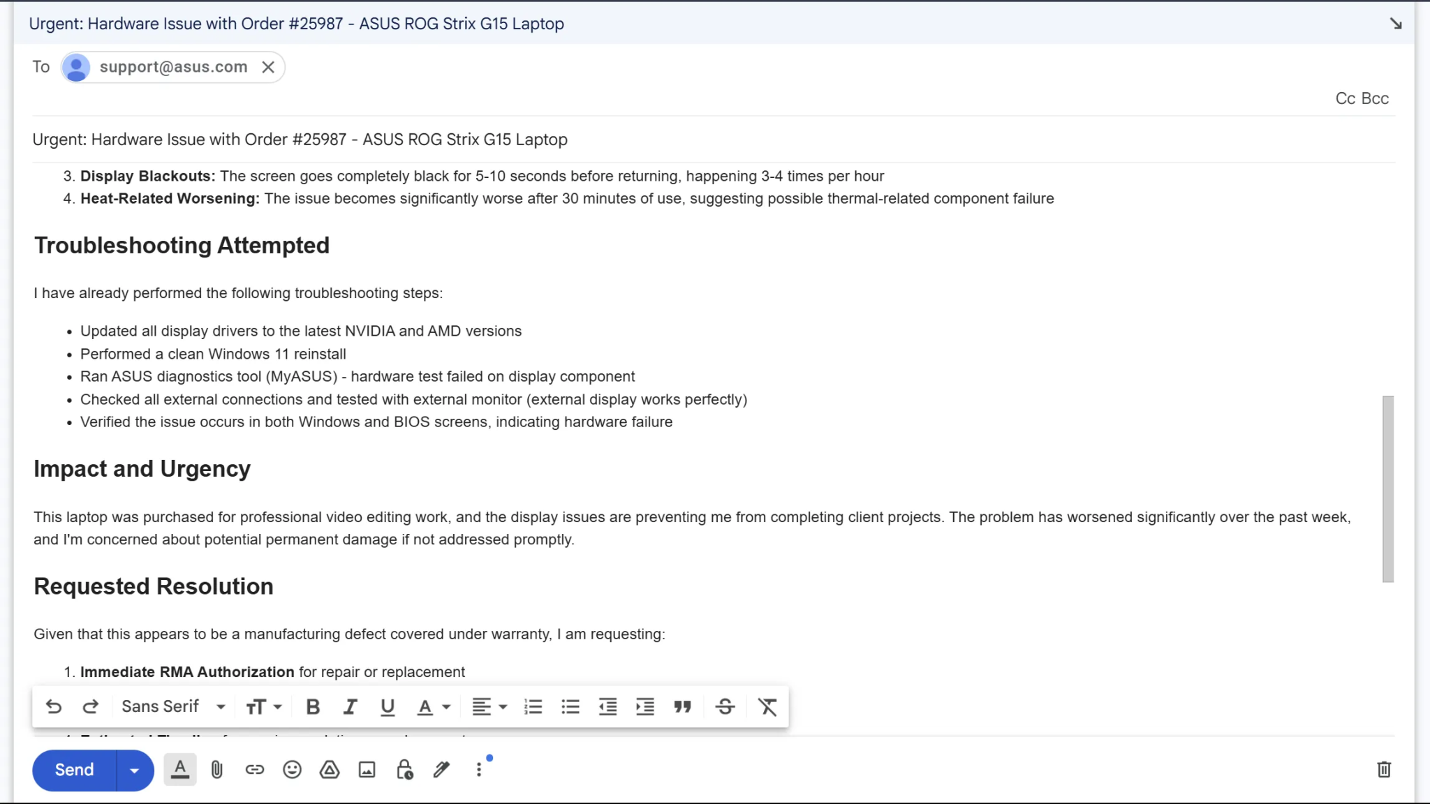 An email draft to ASUS support for laptop hardware issue.