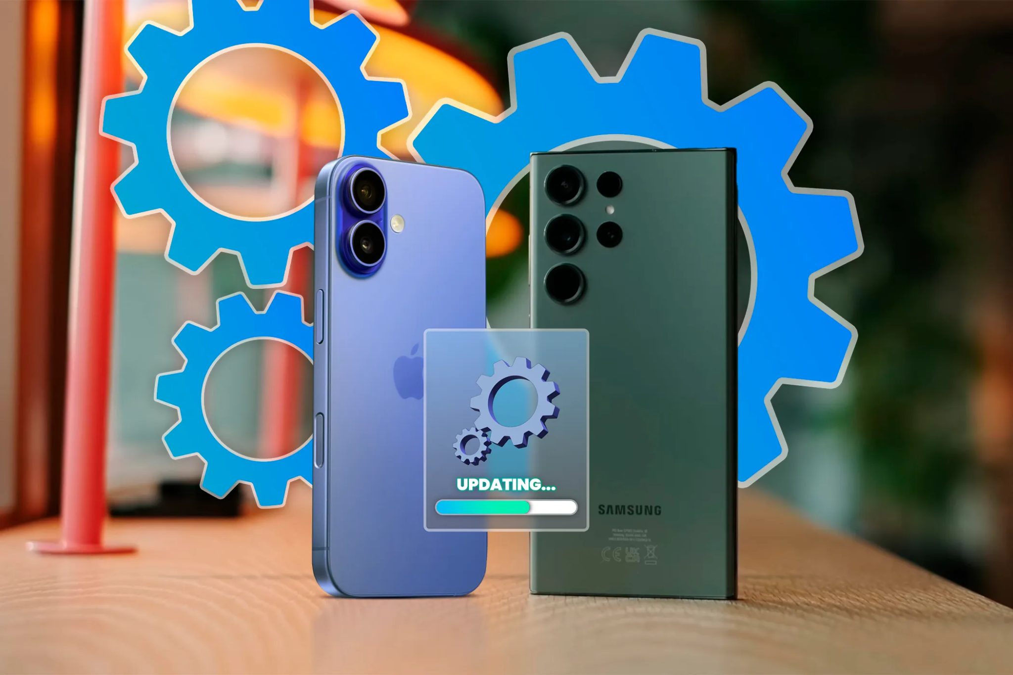 An iPhone next to a Samsung Galaxy with some gears in the background and an update icon in the foreground.