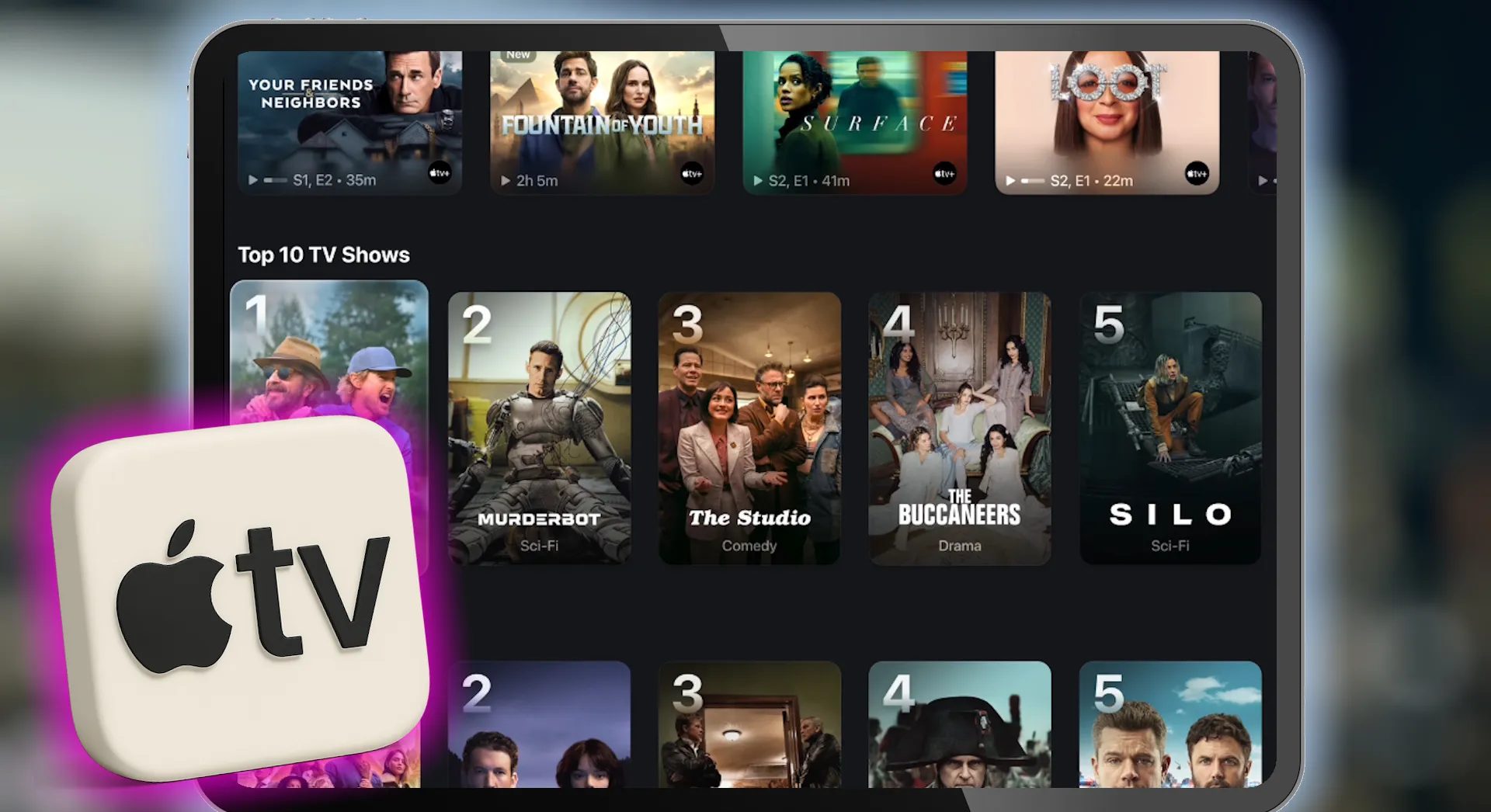 apple tvos 26 on laptop screen with apple tv logo.