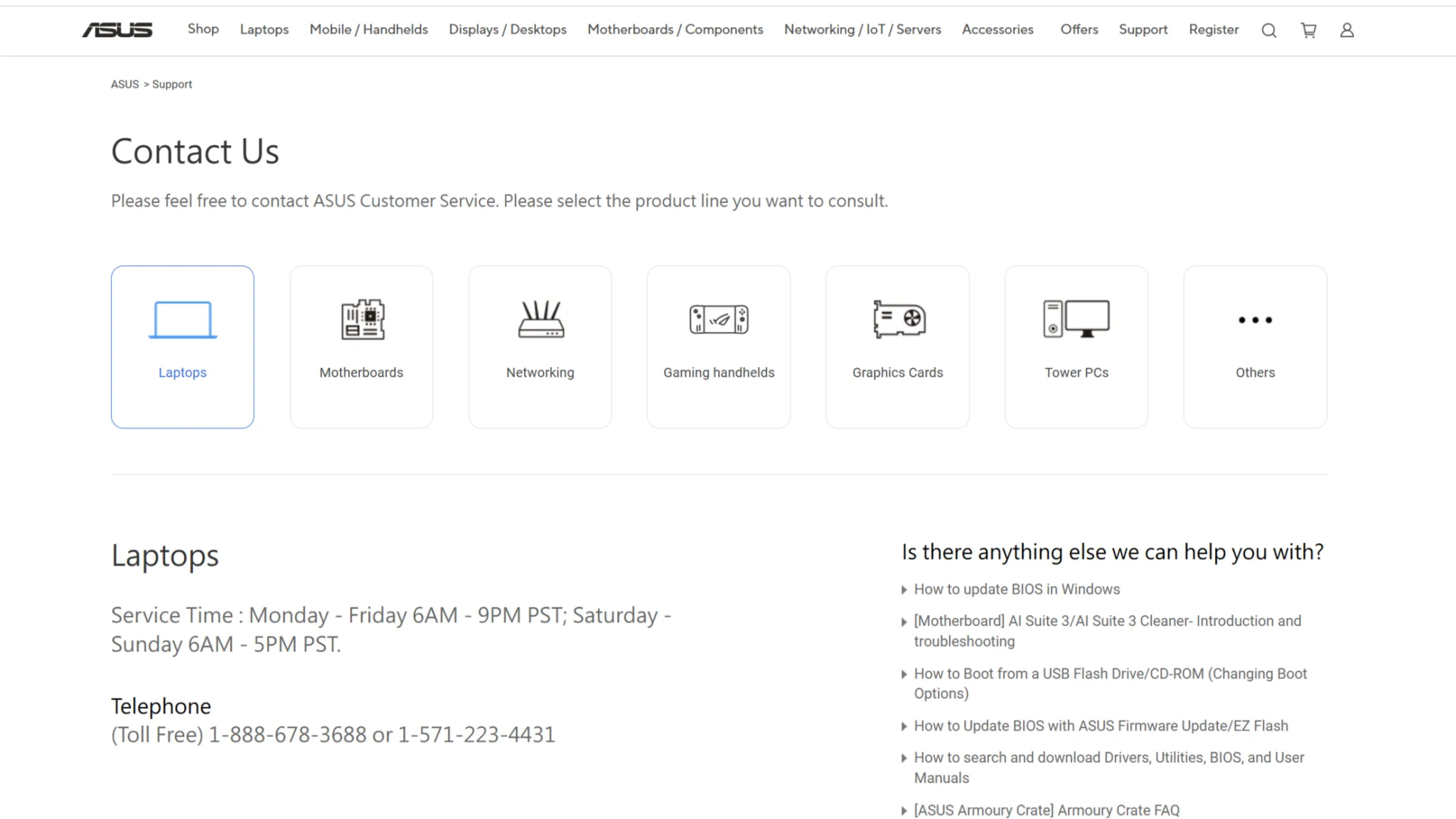 ASUS website Contact Us page with toll free phone number.