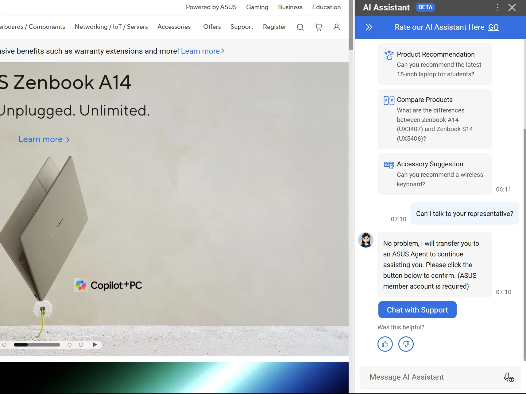 موقع ASUS يعرض ASUS Zenbook A14 مع دعم الدردشة بالذكاء الاصطناعي في الشريط الجانبي.