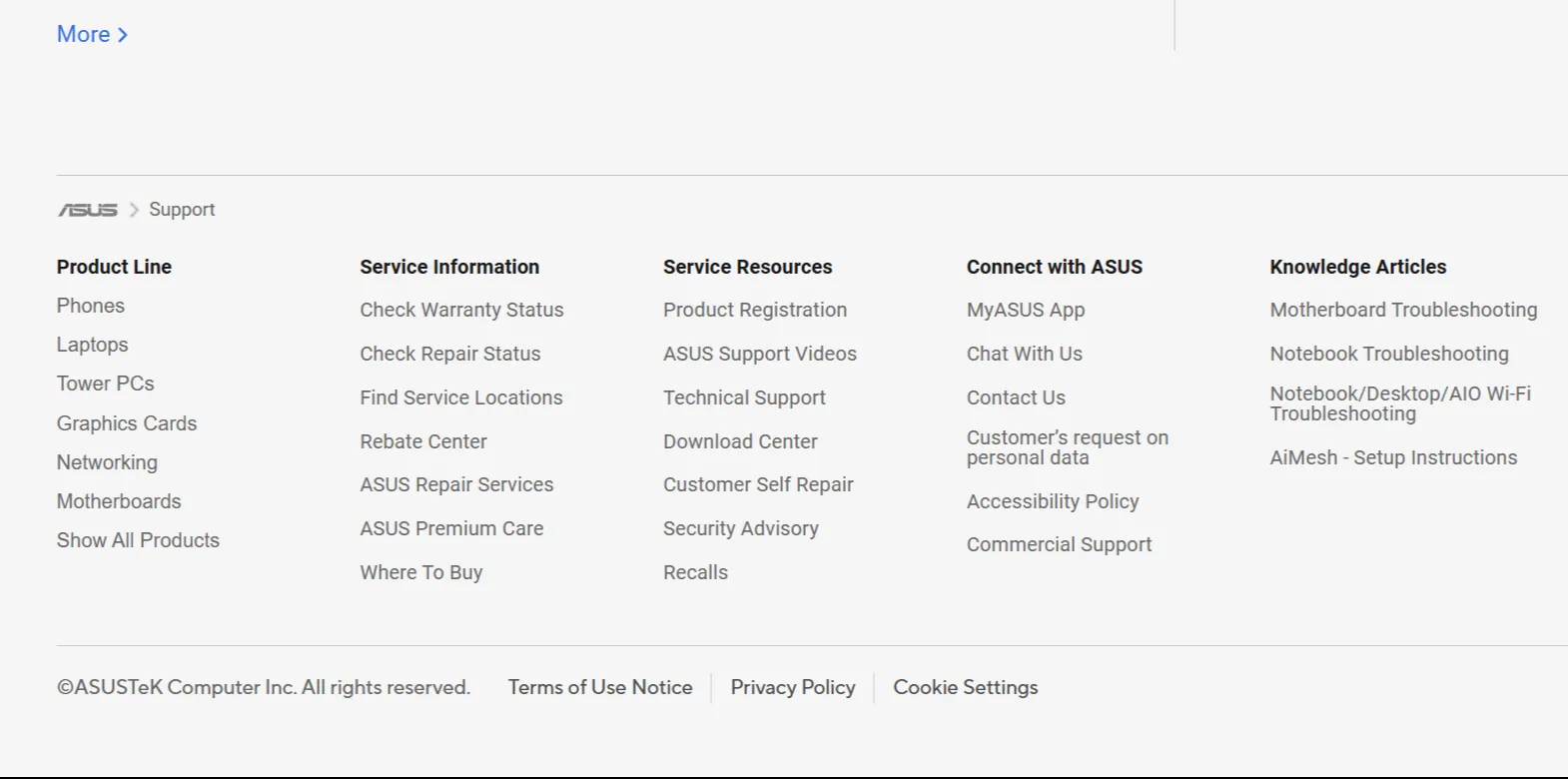 ASUS website footer featuring support service shortcuts.