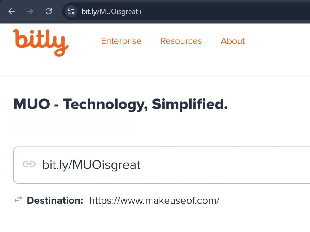 Bitly short link directed to MakeUseOf homepage.