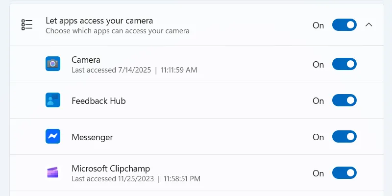 أذونات تطبيق الكاميرا على نظام التشغيل Windows.