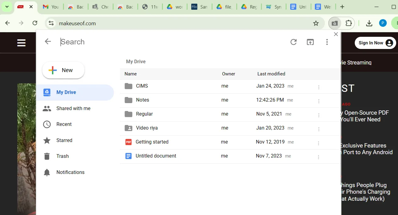 Checker Plus extension showing Google Drive in browser
