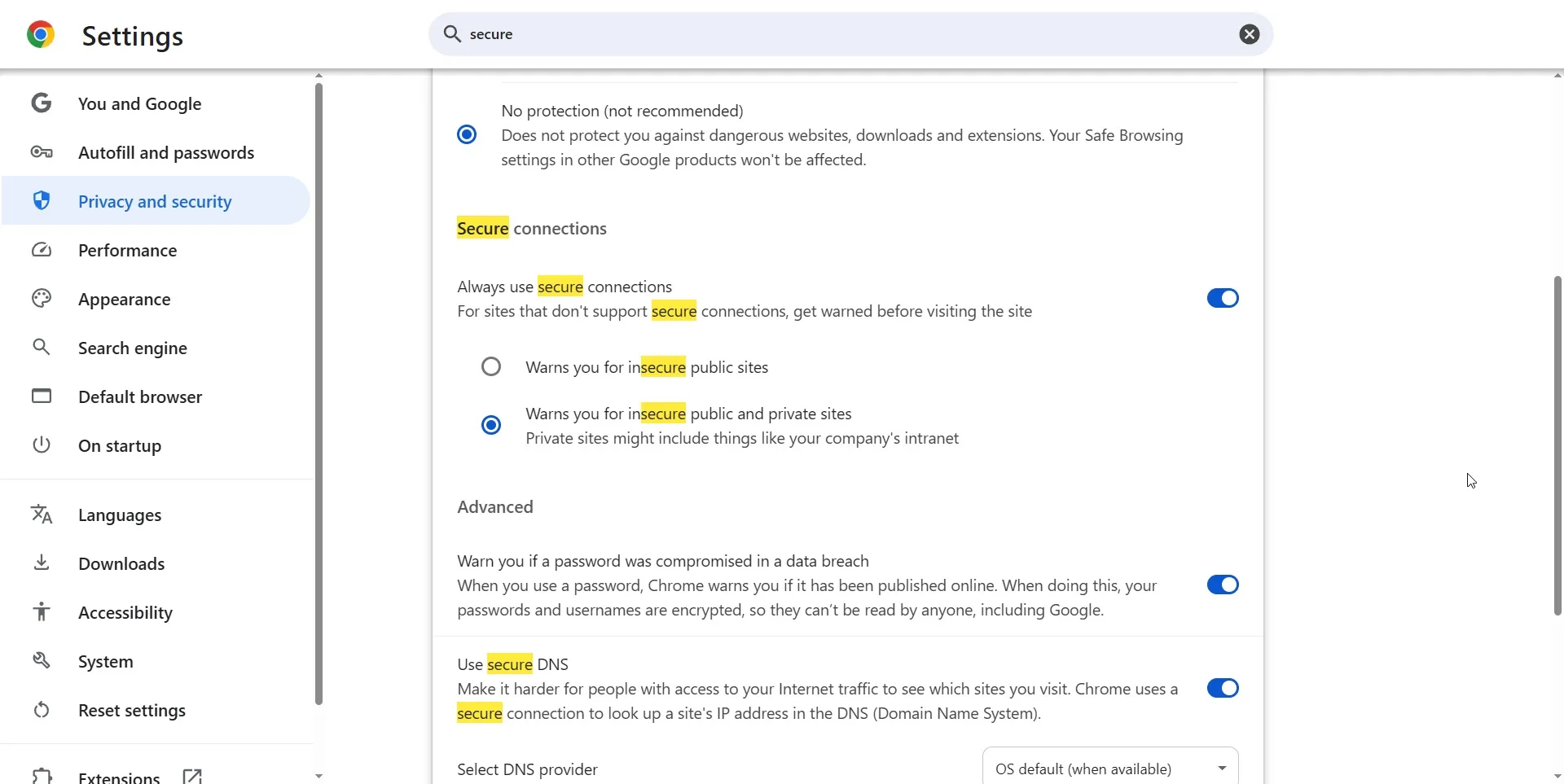 chrome always use secure connections option