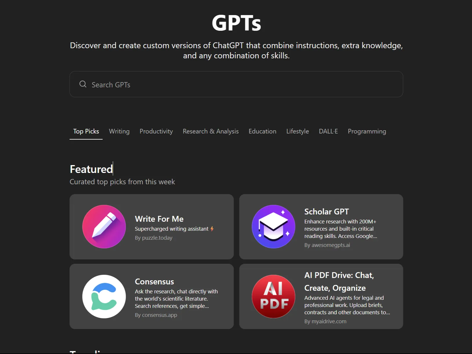 Custom GPTs tab showing featured GPTs in ChatGPT web app.