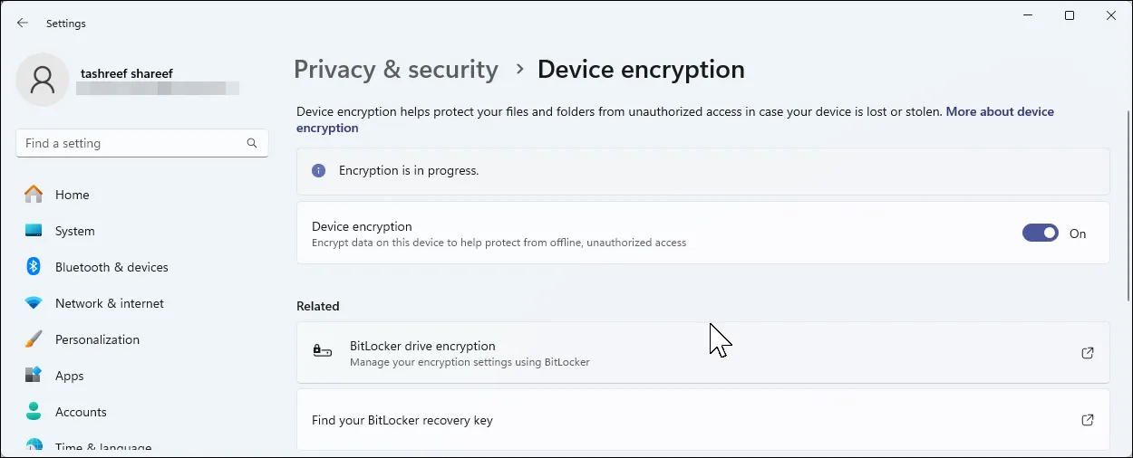 Device encryption setting turned on Windows 11