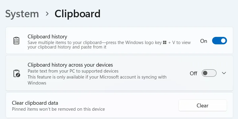 تعطيل مزامنة الحافظة في Windows.