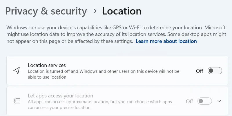 تعطيل خدمات الموقع على نظام التشغيل Windows.