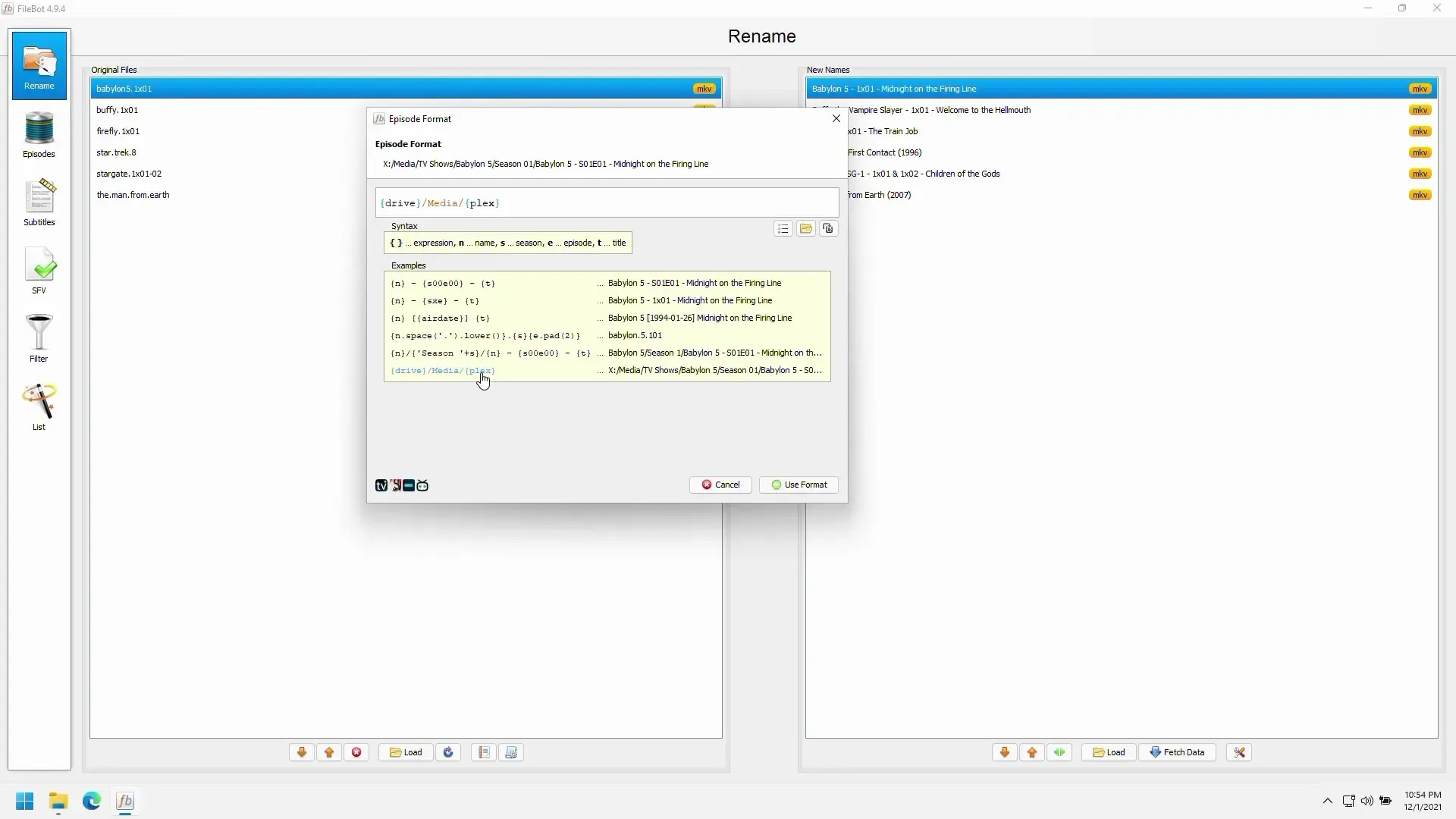 نافذة تنسيق حلقات FileBot