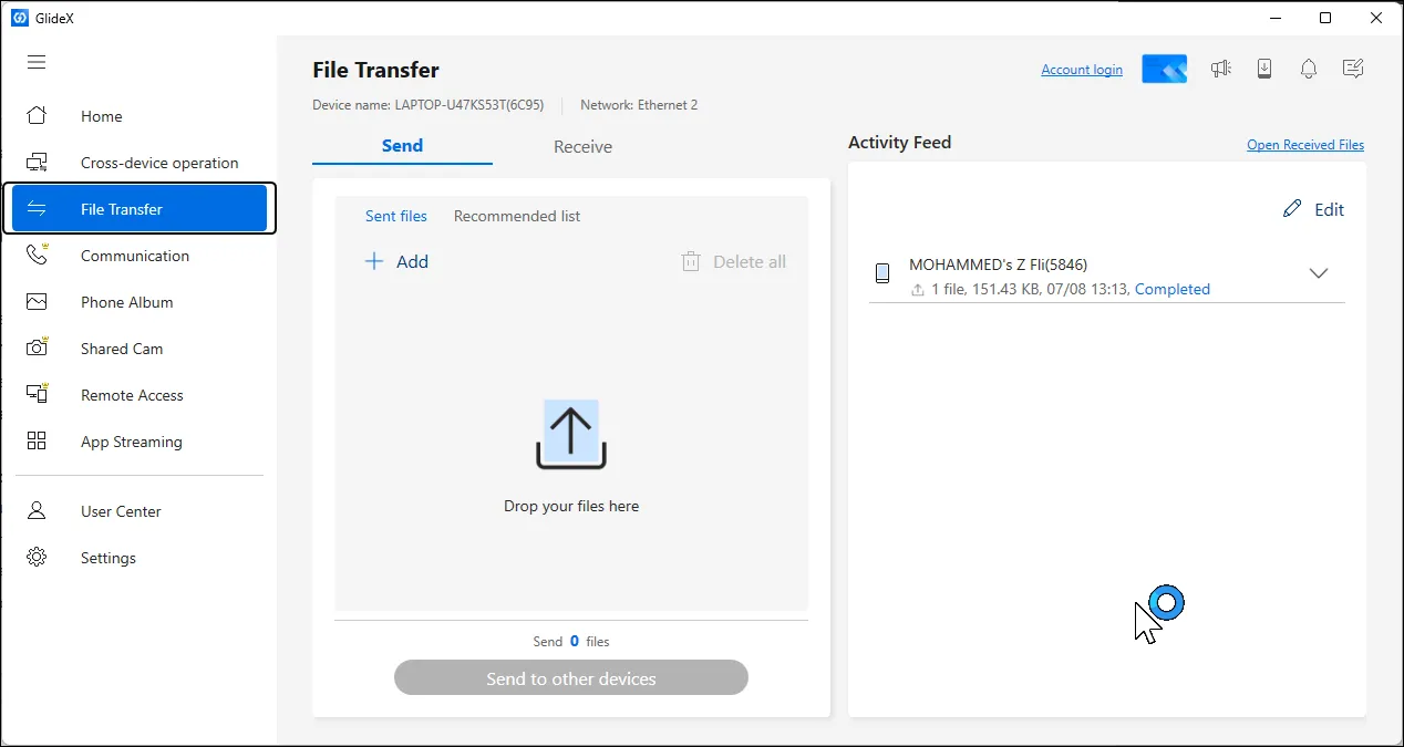 Glidex File Transfer Windows showing Send and Recieve tab