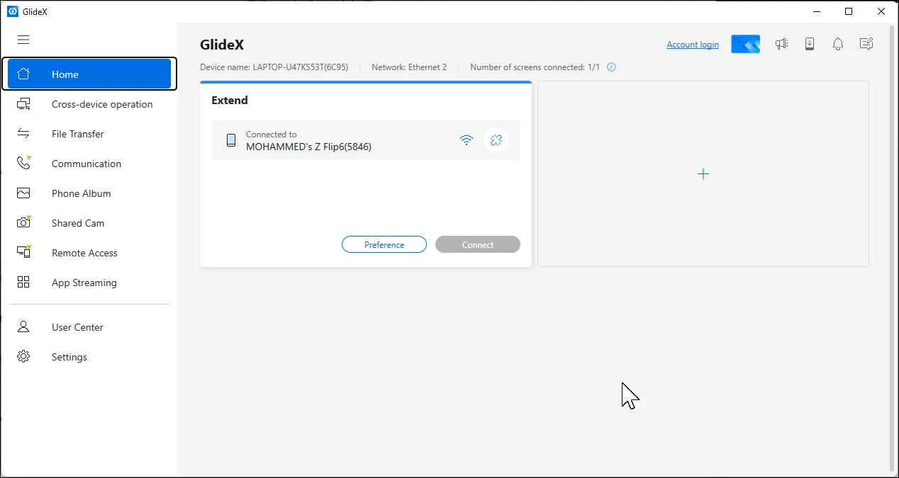 واجهة GlideX الرئيسية مفتوحة على نظام Windows 11