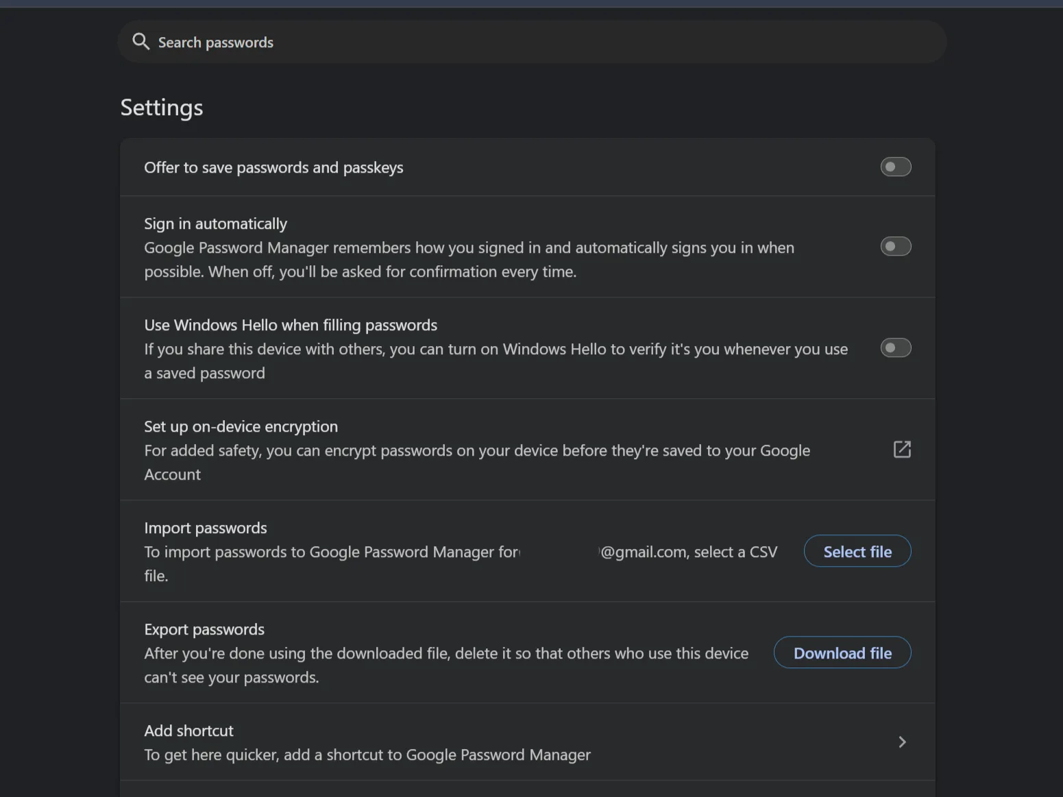 إعدادات مدير كلمات مرور Google في Google Chrome.