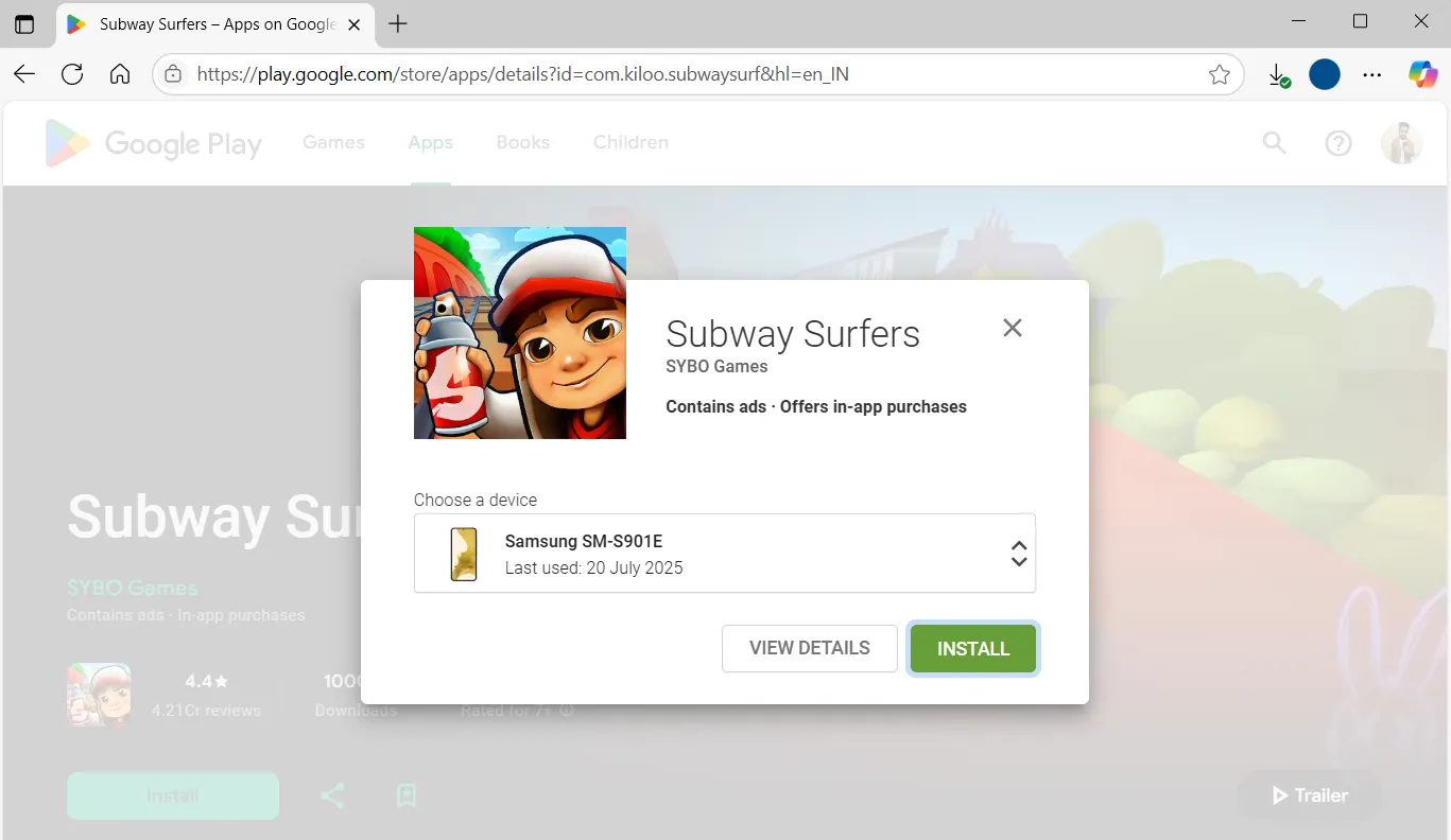 Google Play Store website on PC showing option to install game on phone