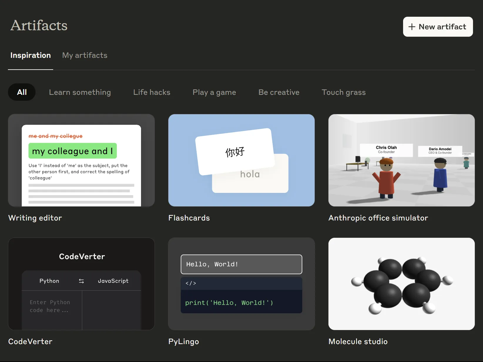 Inspiration tab in Claude Artifacts web app.