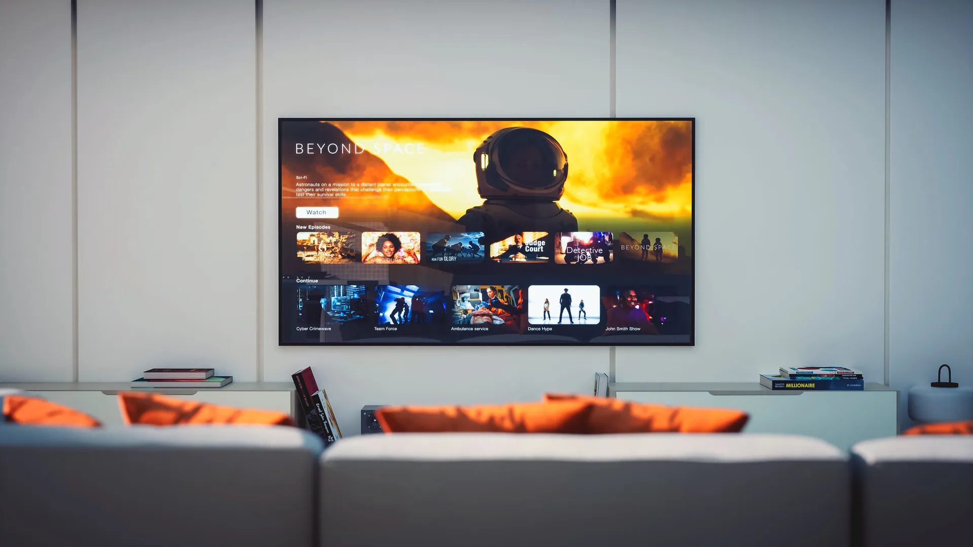 تلفزيون بشاشة مسطحة كبيرة في غرفة المعيشة مع أريكة-1.