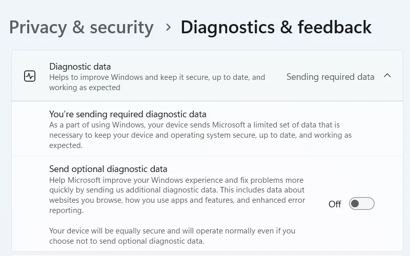 تعطيل إرسال بيانات التشخيص الاختيارية على Windows.