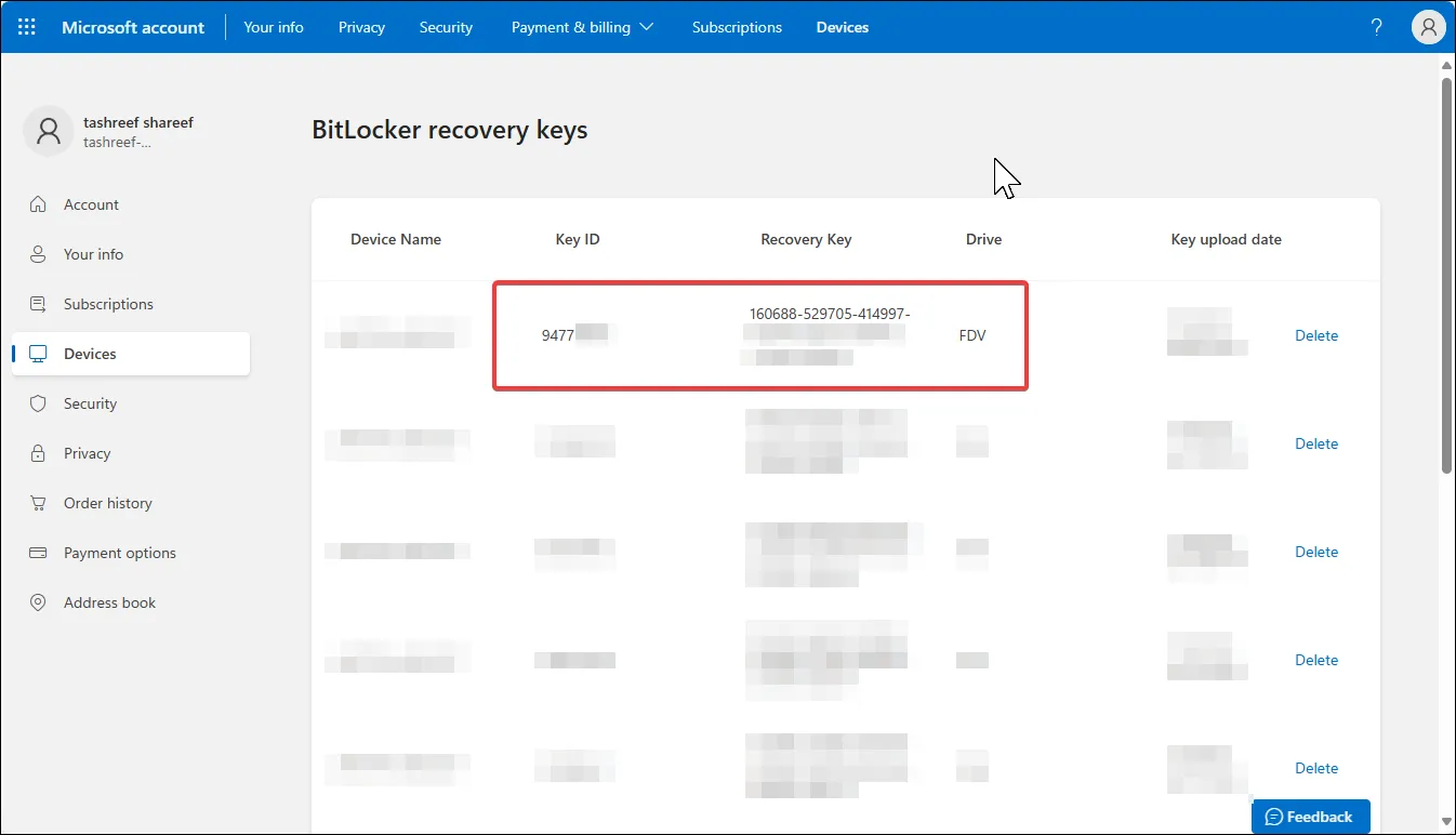 Microsoft account web interface showcasing the saved bitlocker recovery keys