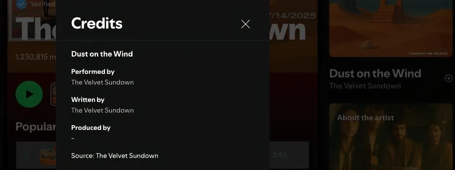 Minimal credits on Spotify for an AI artists track.
