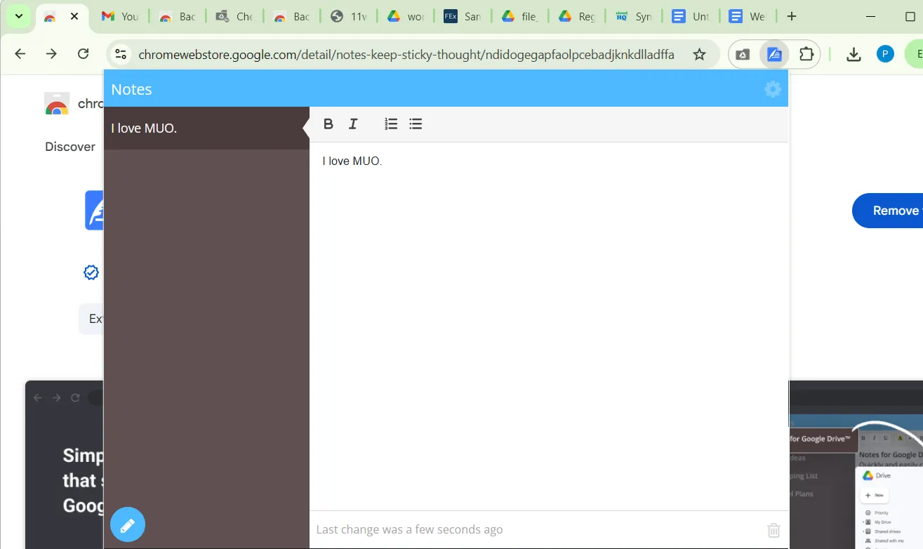 Notes extension for Google Drive in Chrome browser