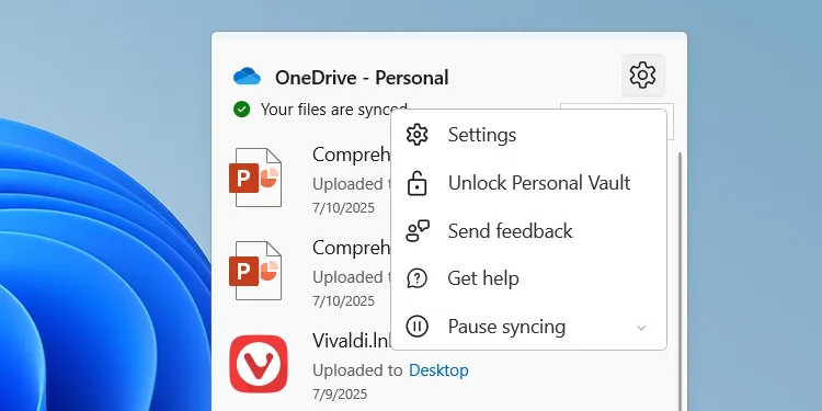 Opening OneDrive settings on Windows.